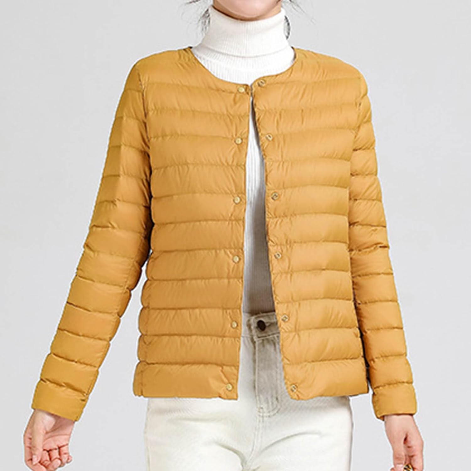 Women Ultra Lightweight Down Jacket Packable Collarless Button Down Quilted Short Puffer Parka Coats Outerwear Pocket - Image 2