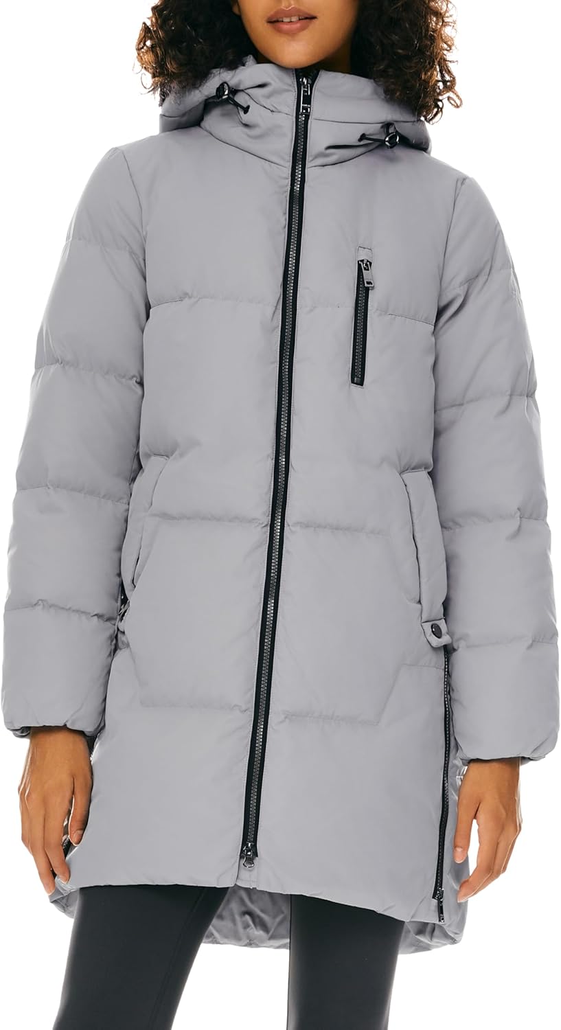 Women Stylish Down Hooded Jacket with Two-Way Zipper Winter Down Coat Puffer Jacket A-line Coat