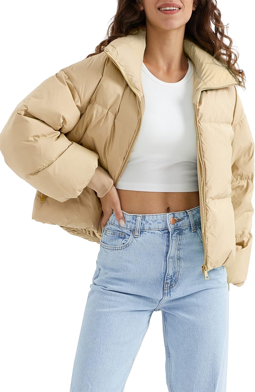 Women Winter Oversized Cropped Puffer Jacket Zip Up Short Down Coat Stand Collar Baggy Overcoat